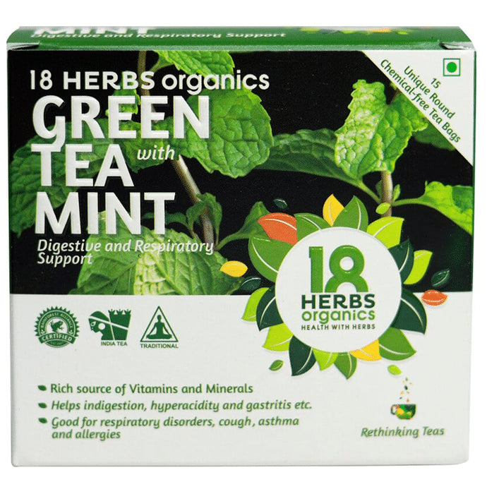 18 Herbs Organics Green Tea Bag (1.25gm Each) with Mint
box of 15 tea bags