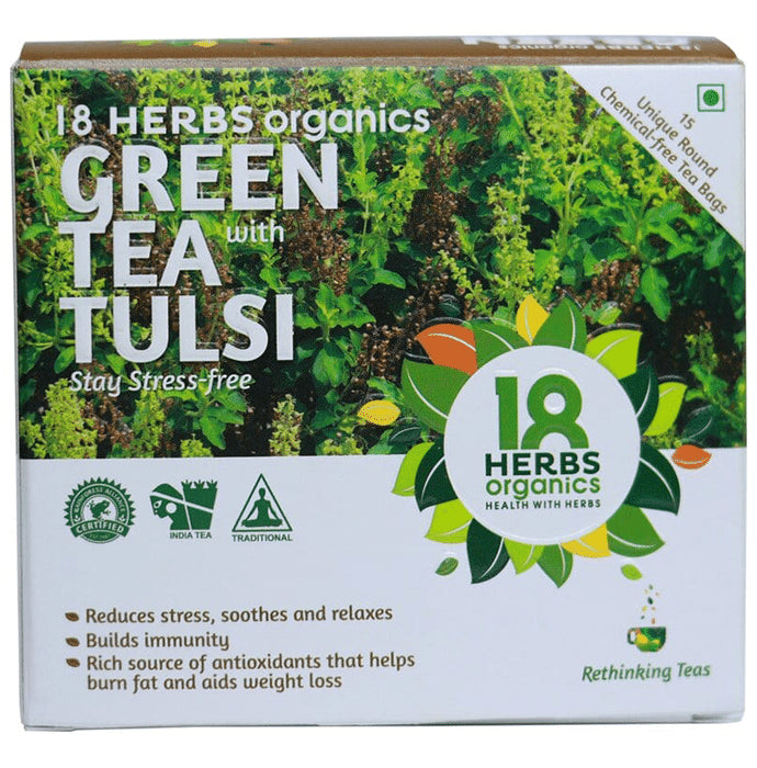 18 Herbs Organics Green Tea Bag (1.25gm Each) with Tulsi
box of 15 tea bags