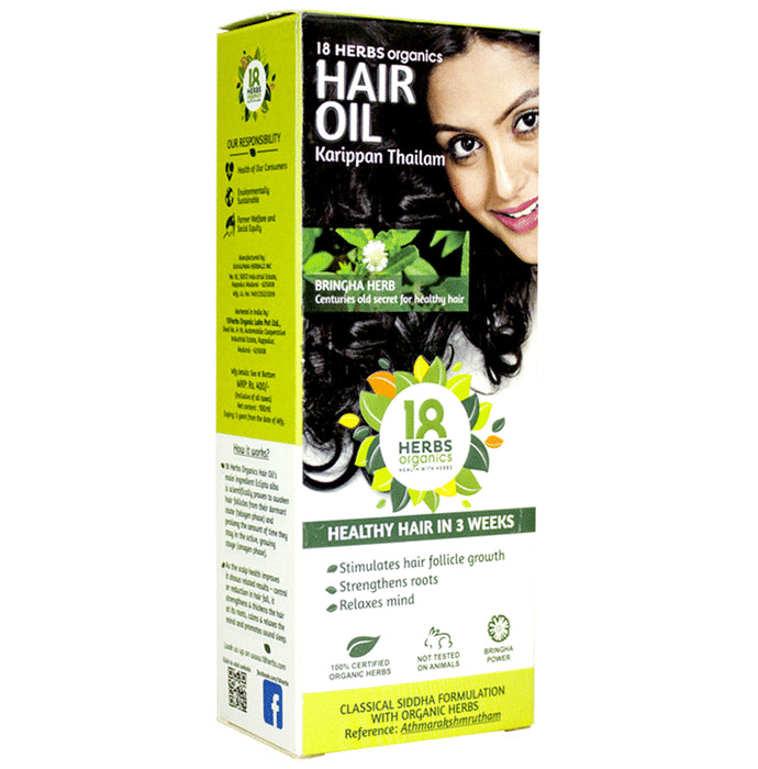 18 Herbs Organics Hair Oil Karippan Thailam
bottle of 100 ml Oil