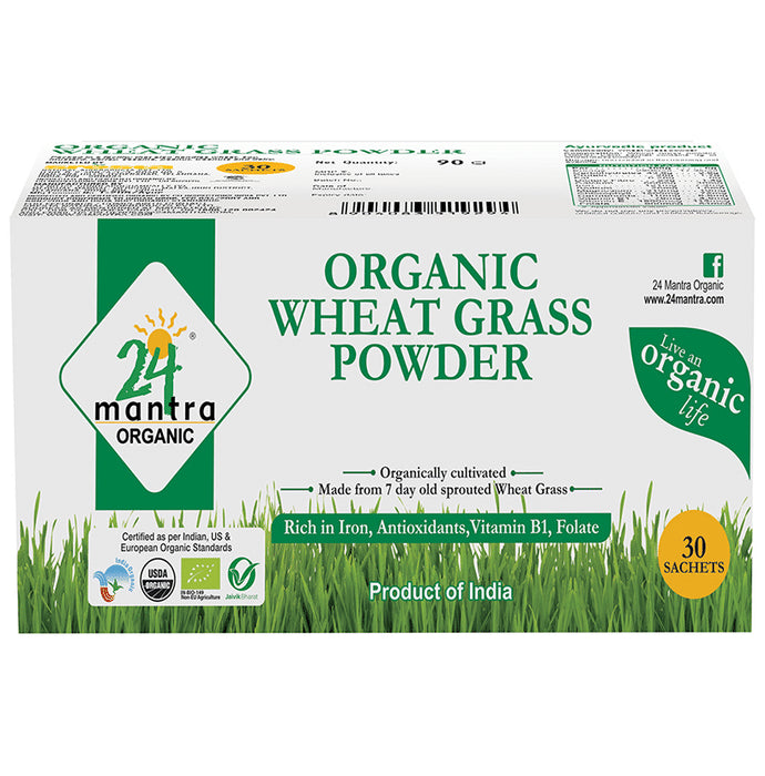 24 Mantra Organic Wheat Grass Powder Sachet (3gm Each)
box of 30 Sachets