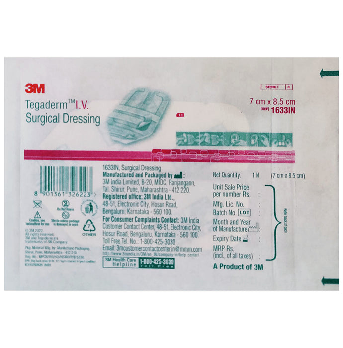 3M Tegaderm 1633 Adult Peripheral I.V. High Secural Dressing 8.5cm x 7cm
packet of 1 Film