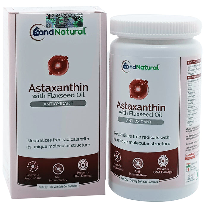 6th and Natural Astaxanthin with Flaxseed Oil Veg Softgel Capsule
bottle of 30 soft gelatin capsules