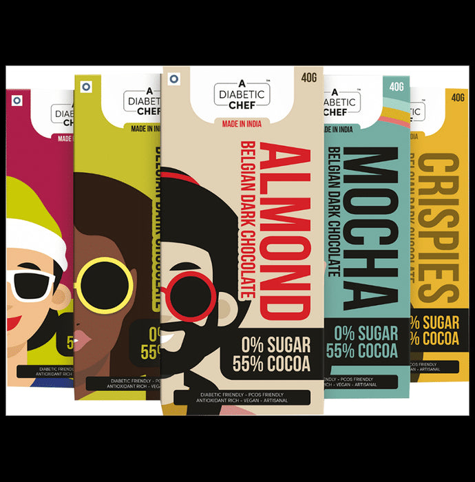 A Diabetic Chef Almond, Cranberry, Crispies, Mocha & Hazelnut Belgian Dark Chocolate (40gm Each)
box of 5 bars