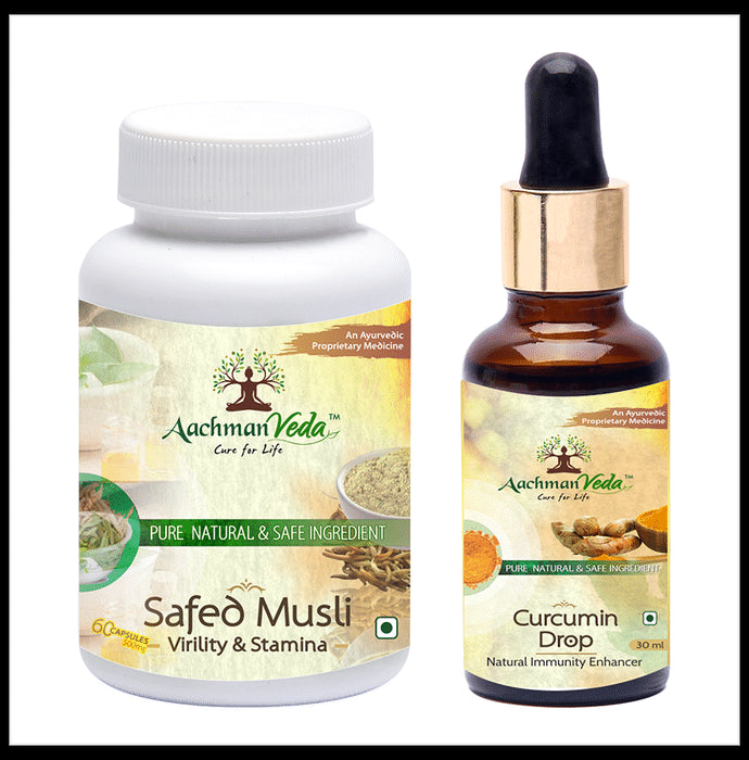 Aachman Veda Safed Musli Virility & Stamina Capsule with Aachman Veda Curcumin Drop 30ml Free
bottle of 60 capsules