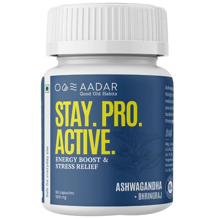 Aadar Stay. Pro. Active. 500mg Capsule Ashwagandha+Bhringraj (60 Each)
combo pack of 3 bottles
