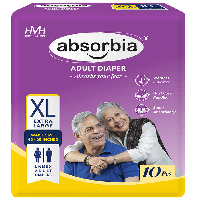Absorbia Adult Diaper 48-68 inches XL
packet of 10 diapers