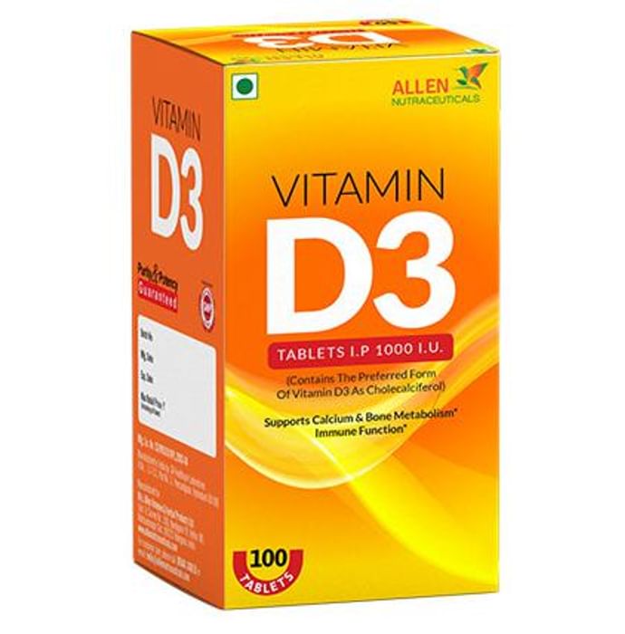 Allen Nutraceutical Vitamin D3 (Cholecalciferol) 1000 I.U for Bone Metabolism & Immunity | Tablet
box of 100 tablets