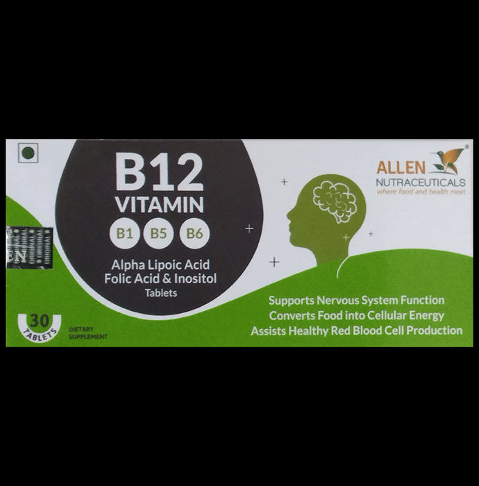 Allen Nutraceutical Vitamins B12 with ALA, Folic Aid & Inositol | For Nervous System, Energy & RBC Production | Tablet
strip of 30 tablets