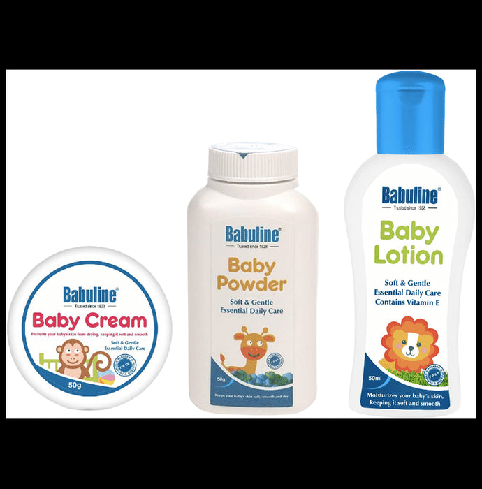 Babuline Complete Baby Care Kit Baby Powder 50gm, Lotion 50gm, Baby Cream 50gm for New Born Babies Bath & Skin Essentials Combo
box of 1 Kit