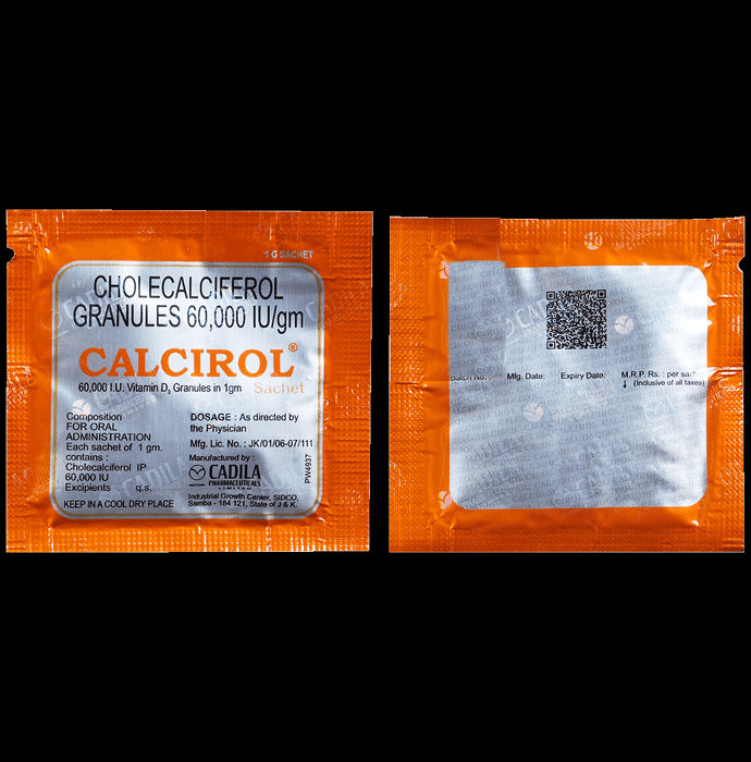 Calcirol 60K IU Cholecalciferol Sachet | For Bone Health
sachet of 1 gm Granules