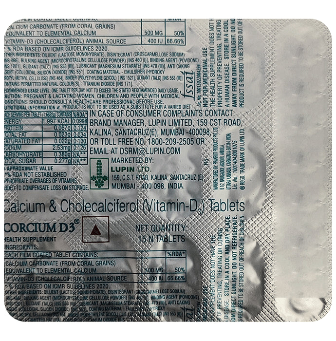 Corcium D3 | Calcium Tablet
strip of 15 tablets