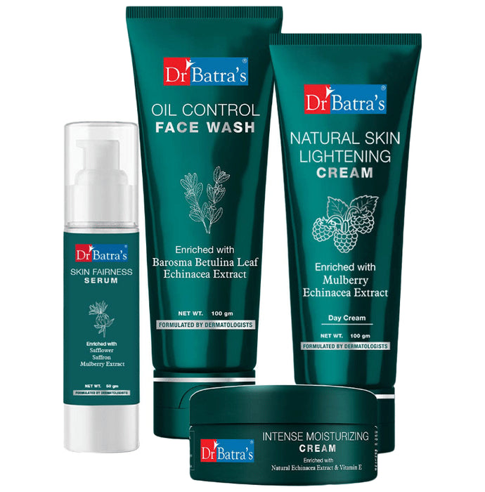 Dr Batra's Combo Pack of Oil Control Face Wash 100gm, Natural Skin Lightening Cream 100gm, Skin Fairness Serum 50gm and Intense Moisturizing Cream 100gm
combo pack of 4 Packs