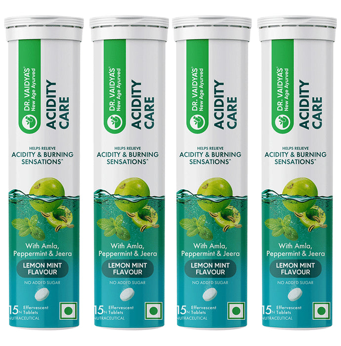 Dr. Vaidya's Acidity Care Effervescent Tablets (15 Each) Lemon Mint
combo pack of 4 bottles