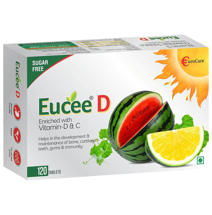 Eucee D with Vitamin D & C for Bones Watermelon Sugar Free for Immunity, Bone, Cartilage, Teeth & Gums Watermelon Tablet
box of 120 tablets