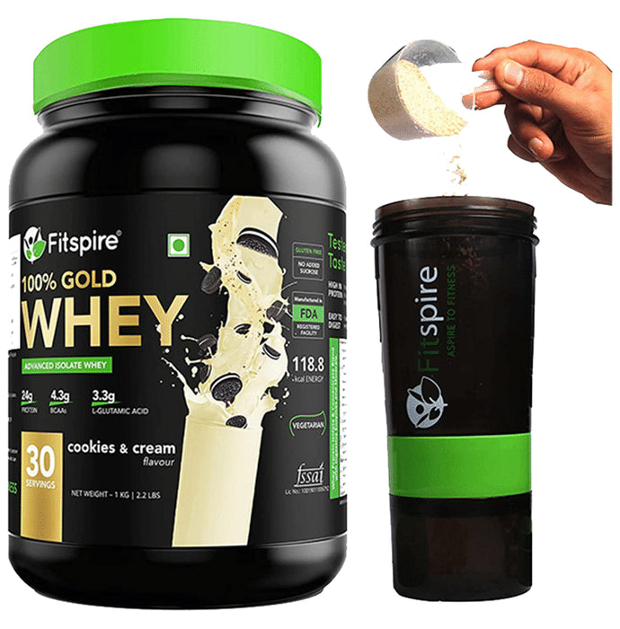 Fitspire 100% Gold Whey Advanced Isolate Protein Powder Cookies & Cream with Shaker Free
jar of 1 kg Powder