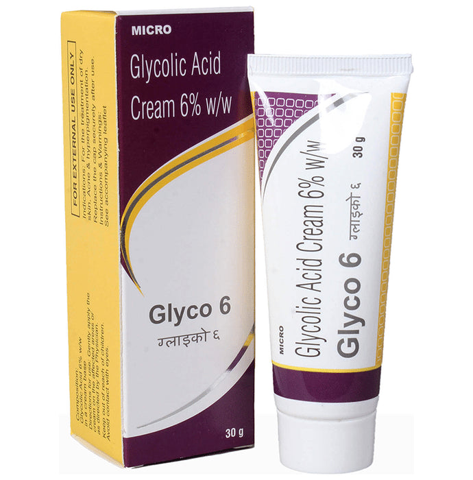 Glyco 6 Glycolic Acid Cream | For Dry Skin, Acne & Hyperpigmentation
tube of 30 gm Cream