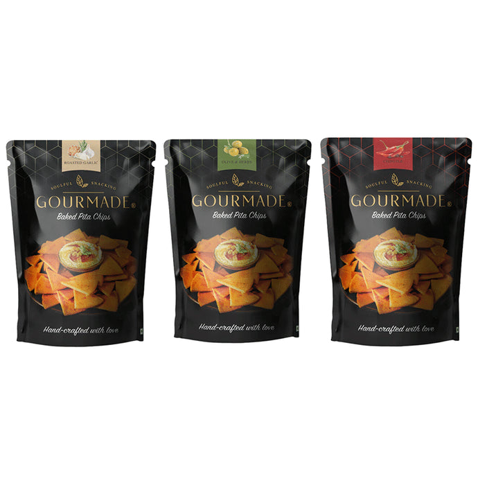 ?Gourmade Soulful Snacking Combo Pack of Pita Chips Chipotle, Roasted Garlic, Olive & Herbs (125gm Each)
combo pack of 3 Packs