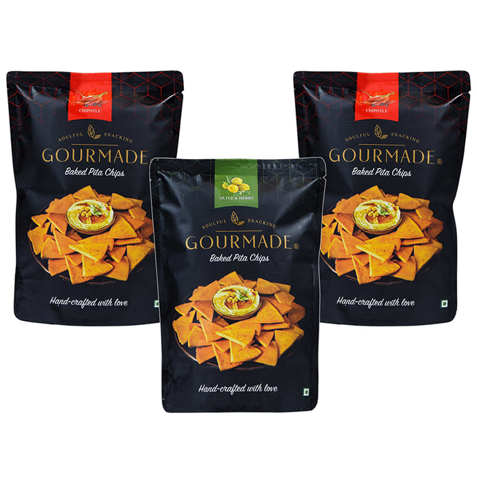?Gourmade Soulful Snacking Combo Pack of Pita Chips Chipotle-2 & Olive & Herbs-1 (125gm Each)
combo pack of 3 Packs