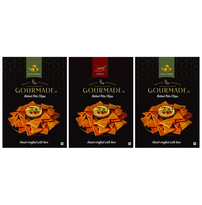 ?Gourmade Soulful Snacking Combo Pack of Pita Chips Olive & Herbs-2 & Chipotle-1 (125gm Each)
combo pack of 3 Packs