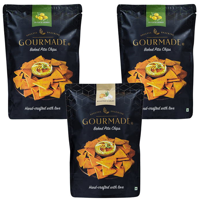 ?Gourmade Soulful Snacking Combo Pack of Pita Chips Olive & Herbs-2 & Roasted Garlic-1 (125gm Each)
combo pack of 3 Packs