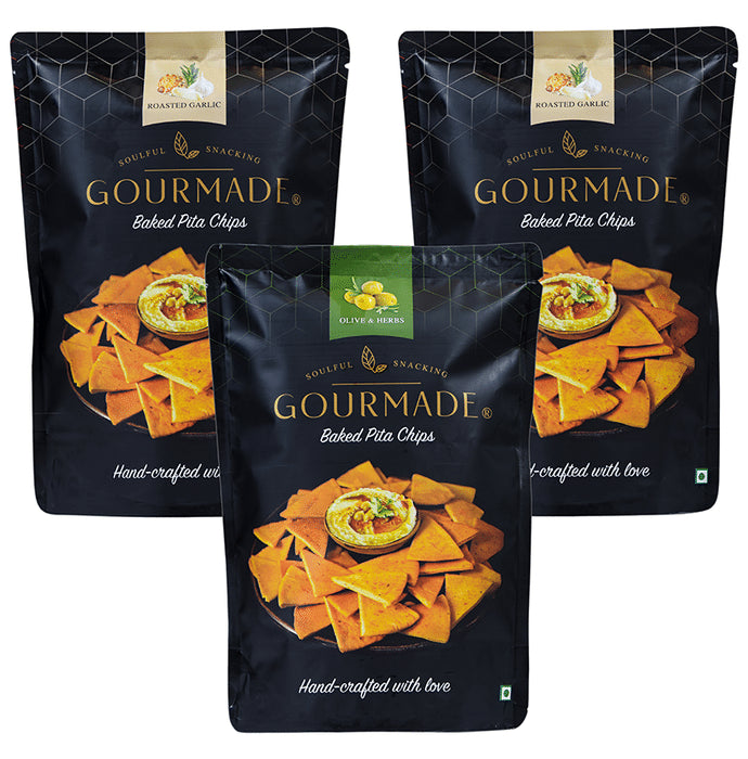 ?Gourmade Soulful Snacking Combo Pack of Pita Chips Roasted Garlic-2 & Olive & Herbs-1 (125gm Each)
combo pack of 3 Packs