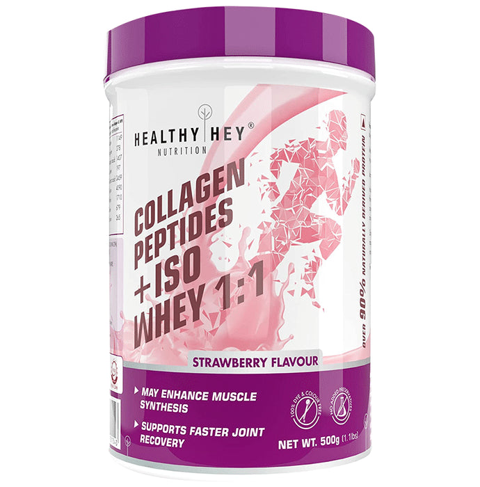 HealthyHey Collagen Peptides+ISO Whey 1:1 Powder Strawberry
jar of 500 gm Powder