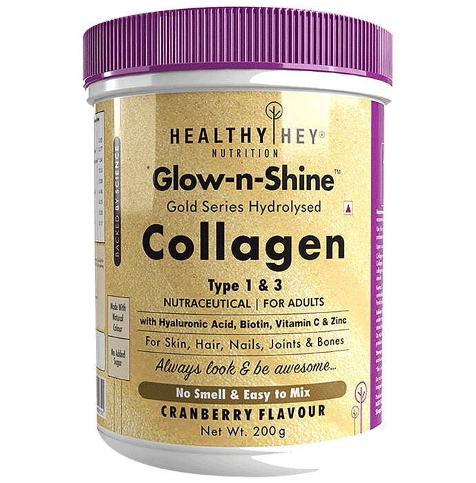 HealthyHey Nutrition Gold Series Hydrolysed Collagen Type 1 & 3 for Skin, Hair, Nails, Bones & Joints | For Adults | Flavour Cranberry
jar of 200 gm Powder