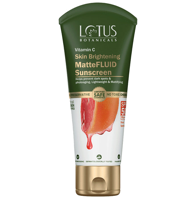 Lotus Botanicals Vitamin C Skin Brightening Matte Fluid Sunscreen SPF 50 PA+++
tube of 50 gm Cream