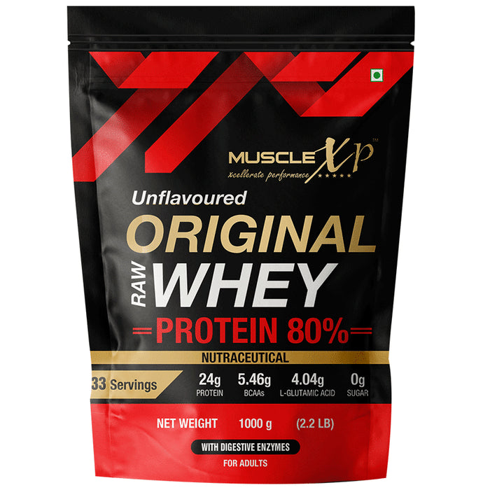 MuscleXP Raw Whey Protein 80% with Digestive Enzymes | Zero Sugar | Flavour Unflavoured
packet of 1 kg Powder