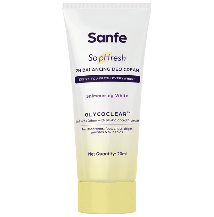 Sanfe So Phresh PH Balancing Deo Cream for for Underarms, Feet, Intimates & Skin Fold Shimmering White
tube of 20 ml Cream