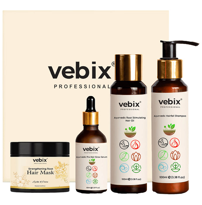 Vebix Professional HairCare Regimen -Ayurvedic 4 Product Kit for All Hair Lotus AntiHairfall Shampoo + Anti HairFall Neem Oil + Hair Keratin Mask & Hair Growth Serum
box of 1 Kit
