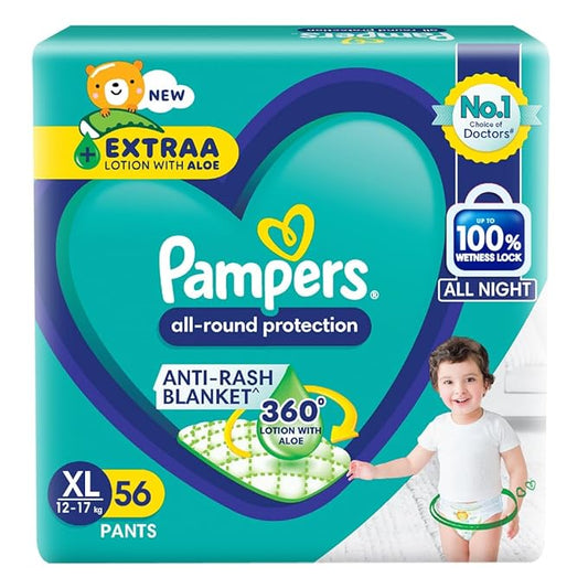 Pampers All round Protection Pants, Extra Large size baby diapers (XL) 56 Count, Lotion with Aloe Vera