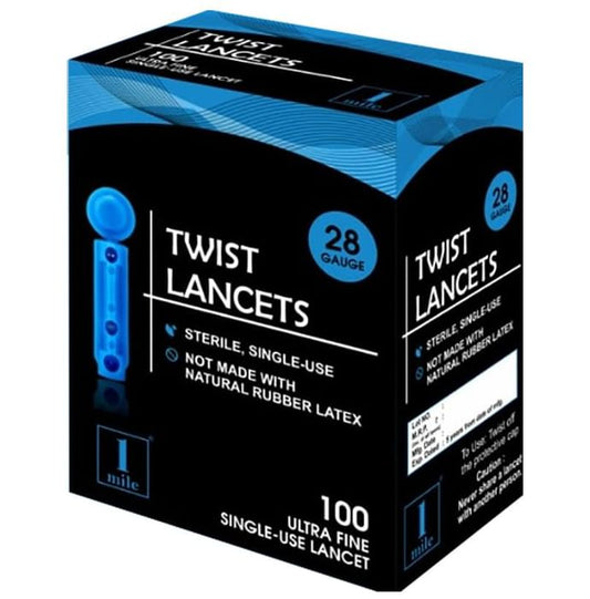 1Mile Blue Round Twist Lancets (Only Lancets)
box of 100 lancets