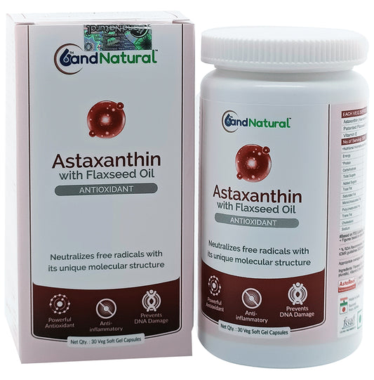 6th and Natural Astaxanthin with Flaxseed Oil Veg Softgel Capsule
bottle of 30 soft gelatin capsules