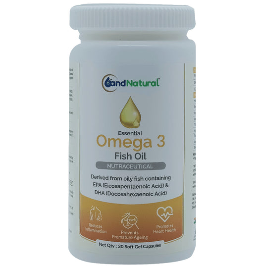 6th and Natural Essential Omega 3 Fish Oil Softgel Capsule
bottle of 30 soft gelatin capsules