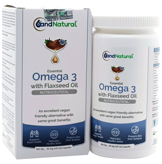 6th and Natural Essential Omega 3 with Flaxseed Oil Veg Softgel Capsule
bottle of 30 soft gelatin capsules