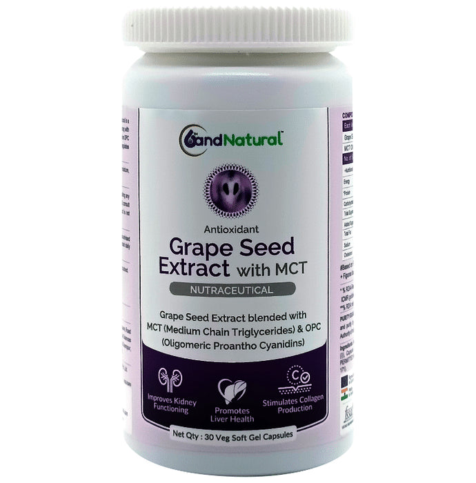 6th and Natural Grape Seed Extract with MCT Veg Softgel Capsule
bottle of 30 soft gelatin capsules
