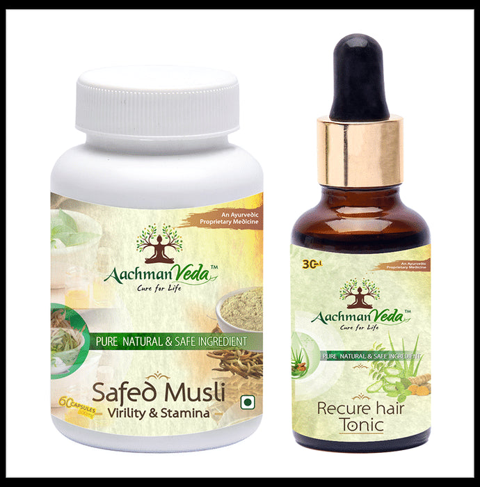 Aachman Veda Safed Musli Virility & Stamina Capsule with Aachman Veda Recure Hair Tonic 30ml Free
bottle of 60 capsules