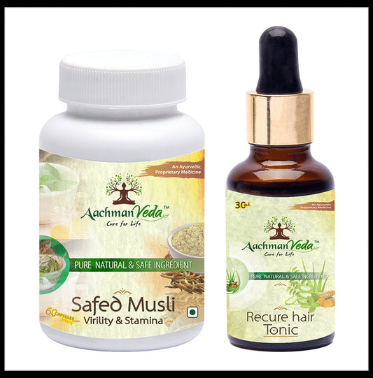 Aachman Veda Safed Musli Virility & Stamina Capsule with Aachman Veda Recure Hair Tonic 30ml Free
bottle of 60 capsules
