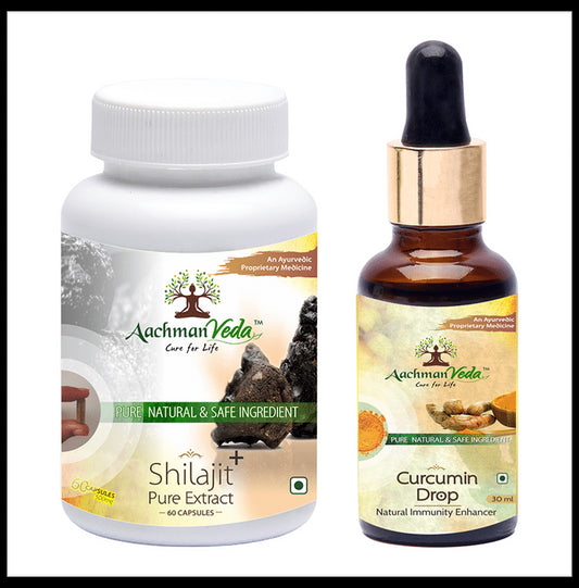Aachman Veda Shilajit+ Pure Extract Capsule with Aachman Veda Curcumin Drop 30ml Free
bottle of 60 capsules