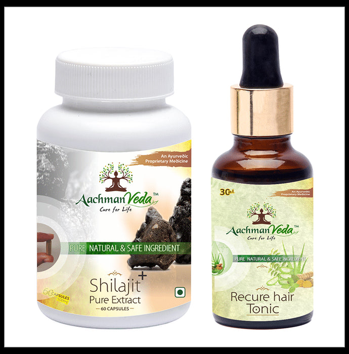 Aachman Veda Shilajit+ Pure Extract Capsule with Aachman Veda Recure Hair Tonic 30ml Free
bottle of 60 capsules