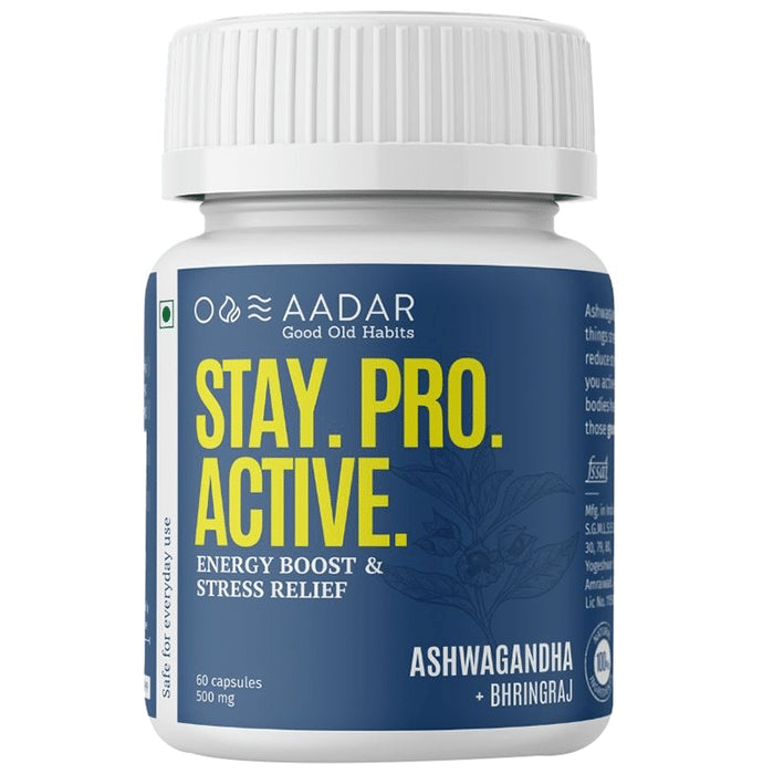 Aadar Stay. Pro. Active. 500mg Capsule Ashwagandha+Bhringraj (60 Each)
combo pack of 2 bottles