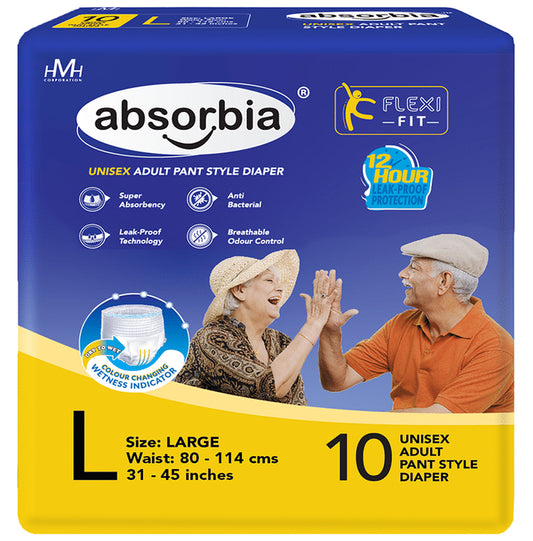 Absorbia Unisex Adult Pant Style Diaper 31-45 inches Large
packet of 10 diapers