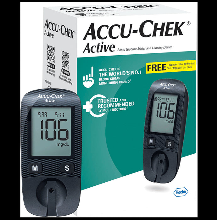 Accu-Chek Active Blood Glucometer Kit (Box of 10 Test strips Free) | Blood Glucose Monitors
packet of 1 Kit