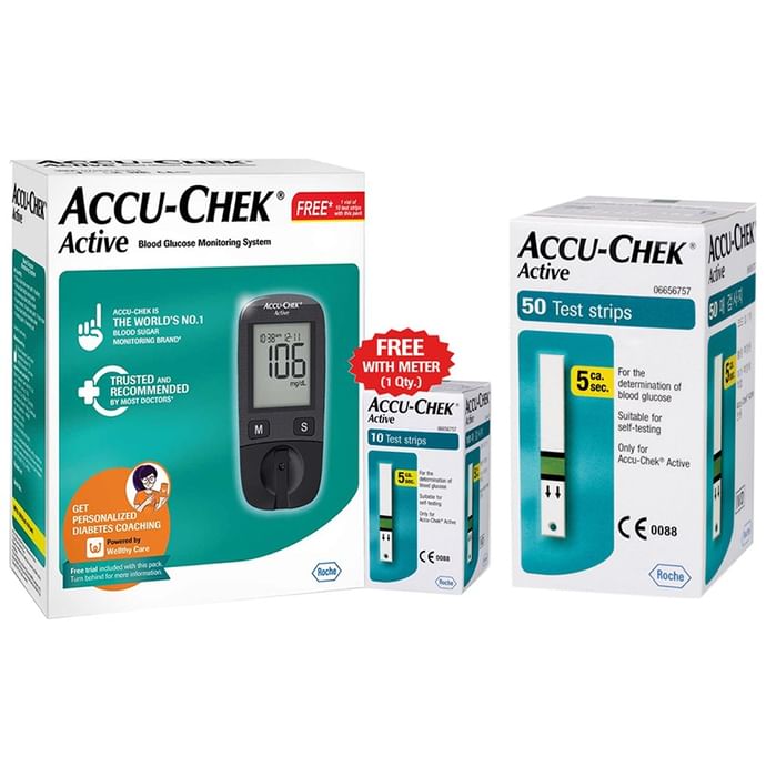 Accu-Chek Active Combo of Glucometer with 10 Test Strip Free and 50 Test Strips
combo pack of 2 Packs