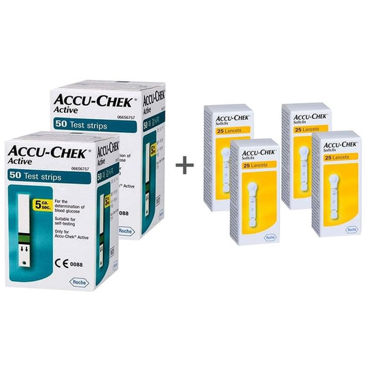 Accu-Chek Combo Pack of 2 Pack Active Test Strip (50 Each) & 4 Pack Softclix Lancet (25 Each)
combo pack of 6 units