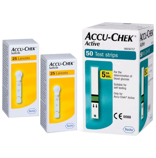 Accu-Chek Combo Pack of Active 50 Test Strip & 2 Pack of Softclix Lancet (25 Each)
combo pack of 3 units
