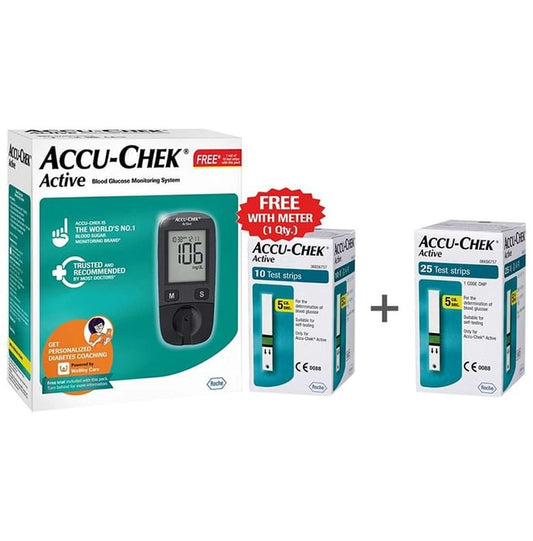 Accu-Chek Combo Pack of Active Blood Glucose Monitoring System with 10 Strip Free & Accu-Chek Active 25 Strip
combo pack of 3 units