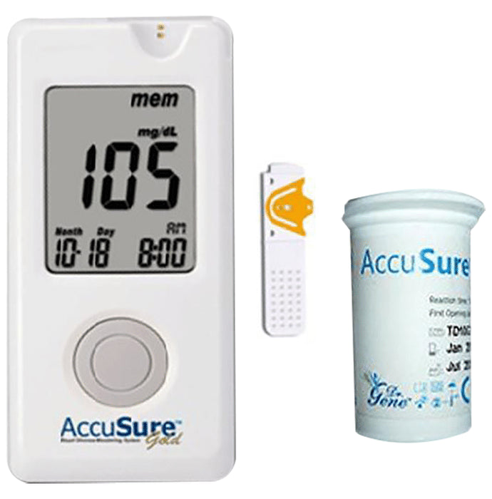 AccuSure Gold Blood Glucose Monitoring System Glucometer with 10 Strips
box of 1 Unit