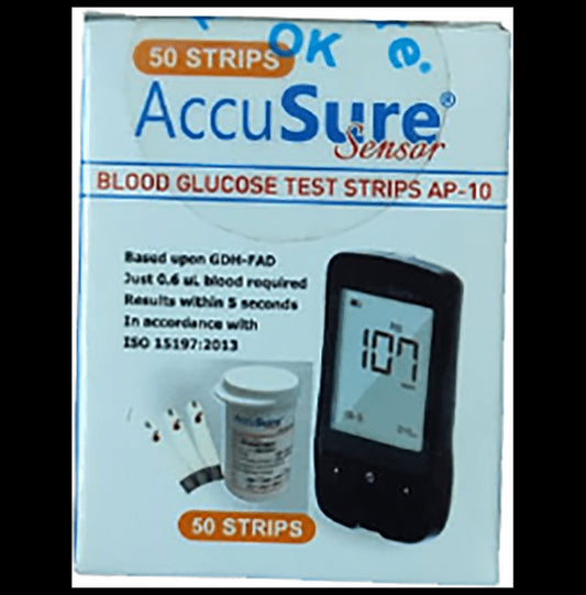 AccuSure Sensor Blood Glucose Test Strip (Only Strips)
box of 50 Test Strips